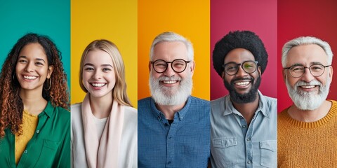 Diverse individuals smiling joyfully in an array of vibrant colors in the background.