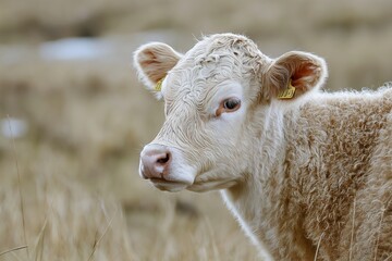 Obraz premium A young calf looks innocently at the camera in a grassy field, showcasing nature's beauty.