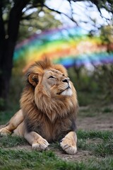 A serene lion gazes upward under a vibrant rainbow backdrop.