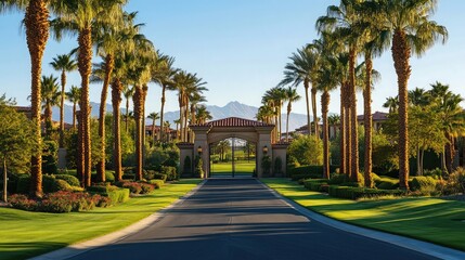 Obraz premium Elegant golf course entrance lined with palm trees and a grand gate