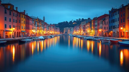 Fototapeta premium Colorful waterfront town at twilight, boats moored along canal, lights reflecting on water.