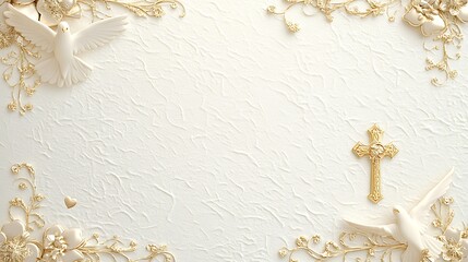 Elegant White Background With Doves Gold Cross And Floral Design