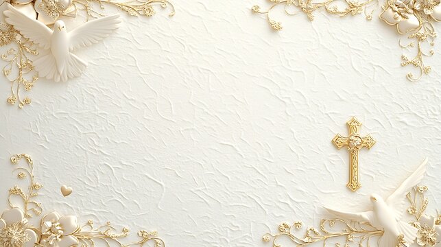 Elegant White Background With Doves Gold Cross And Floral Design