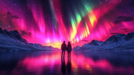 Fototapeta premium Couple silhouetted against vibrant aurora borealis over a frozen lake.