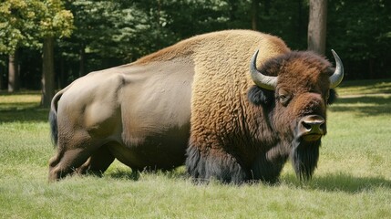 Fototapeta premium A bison standing in a grassy area surrounded by trees.