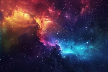 Obraz premium Colors swirl dramatically in a cosmic cloud of orange, blue, and purple hues, showcasing the beauty and mystery of the universe under a starlit backdrop.