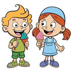 Two Kids Eating Ice Cream Cones - Smiling and Happy Moment