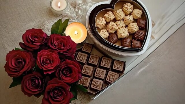 Delicious cho tes and roses in heart shaped gift with candlelight for romantic evening