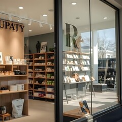 A bright and airy modern storefront window display with shelves of various items.