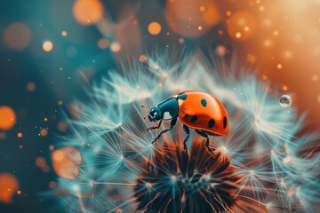 Fototapeta premium A vibrant ladybug explores the fluffy seeds of a dandelion, with a soft, blurred background that creates a magical and tranquil atmosphere in nature.