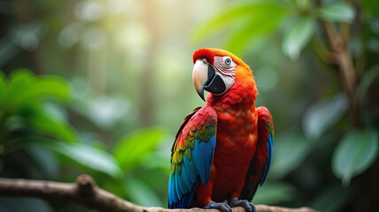 Vibrant macaw parrot perched gracefully on jungle branch with detailed feathers in lush rainforest, World Wildlife Day