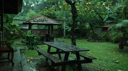 Serene wooden table surrounded by lush lemon trees in a tranquil lemon orchard setting