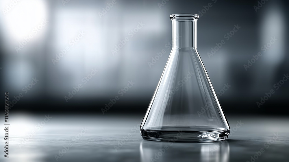 Poster laboratory flask on table in laboratory setting with blurred background