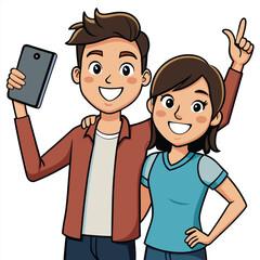 Two People Holding a Phone - Posing for a Cheerful Selfie Variant