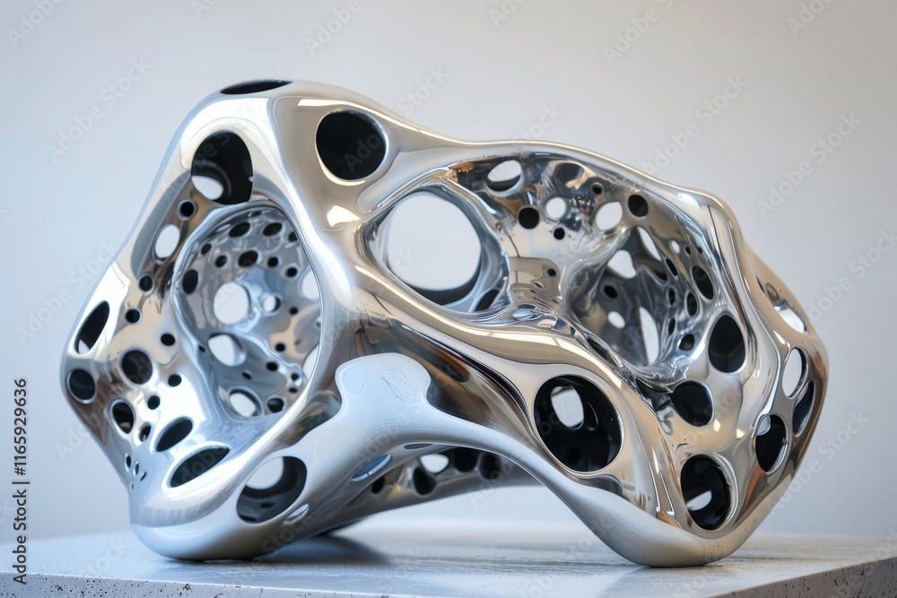 Poster a striking modern sculpture with a shiny finish and complex forms sits on a display pedestal in a co