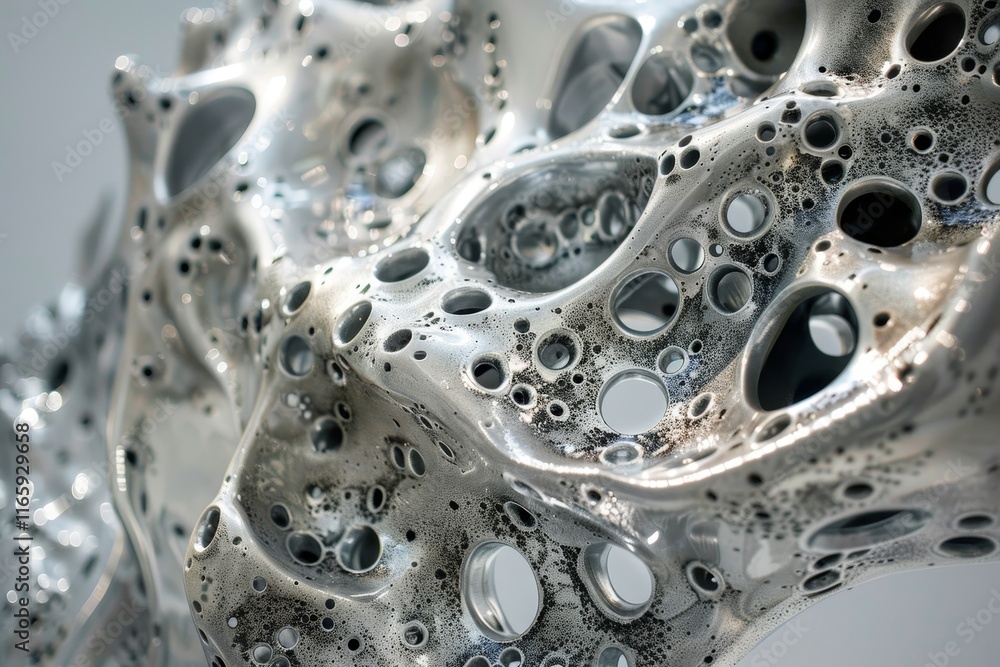 Poster The sculpture features a complex arrangement of fluid metallic forms with numerous cavities, reflecting light in an art gallery setting during the day.