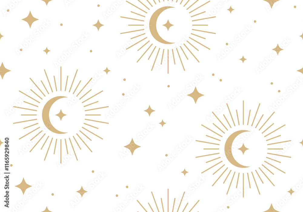 Wall mural seamless pattern with dream design stars, moon. golden celestial pattern. seamless pattern with cres