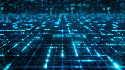 Obraz premium Glowing blue grid expands towards the horizon in digital space, perfect as a futuristic technology wallpaper