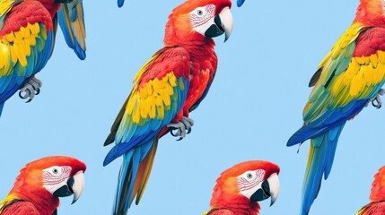 Colorful macaw parrots seamless pattern on light blue background.