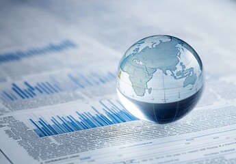 Crystal Globe on Abstract Financial Newspaper with Global Data and Graphs