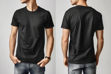 A model poses in a black t-shirt, displaying both the front and back views, while wearing casual jeans in a minimalist studio with gray backdrop.