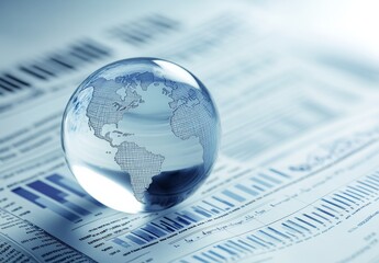 Crystal Globe on Abstract Financial Newspaper with Global Data and Graphs