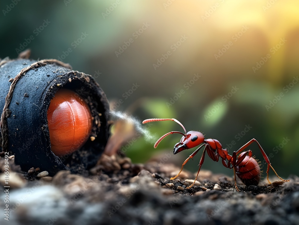 Poster macro photograph showcasing the intricate details of a worker ant s abdominal segment as it releases