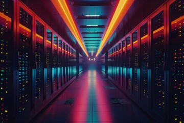 Fototapeta premium A vibrant server room featuring rows of dark cabinets filled with blinking servers, illuminated by striking neon lights in various colors, showcasing modern technology.