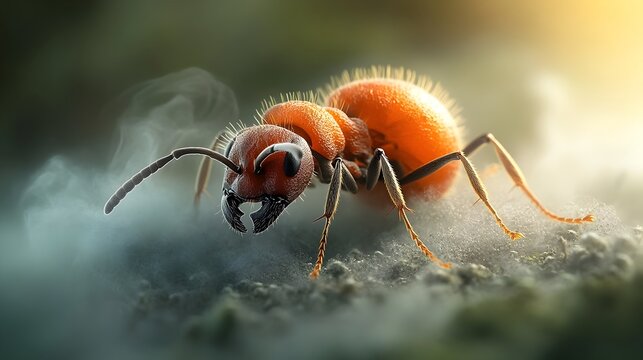 Cinematic closeup of a worker ant s abdominal gaster expelling chemical signals to warn its colony in a dense woodland setting with details in a nature journal style