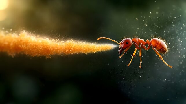 Closeup of a worker ant s abdominal gaster expelling chemical signals to warn the colony with cinematic lighting and details in a nature journal set in a dense woodland environment