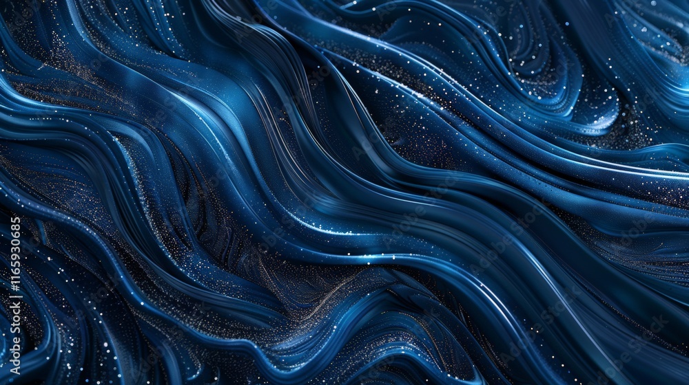 Poster abstract blue wavy background flowing with golden particles, creating a luxurious and elegant design