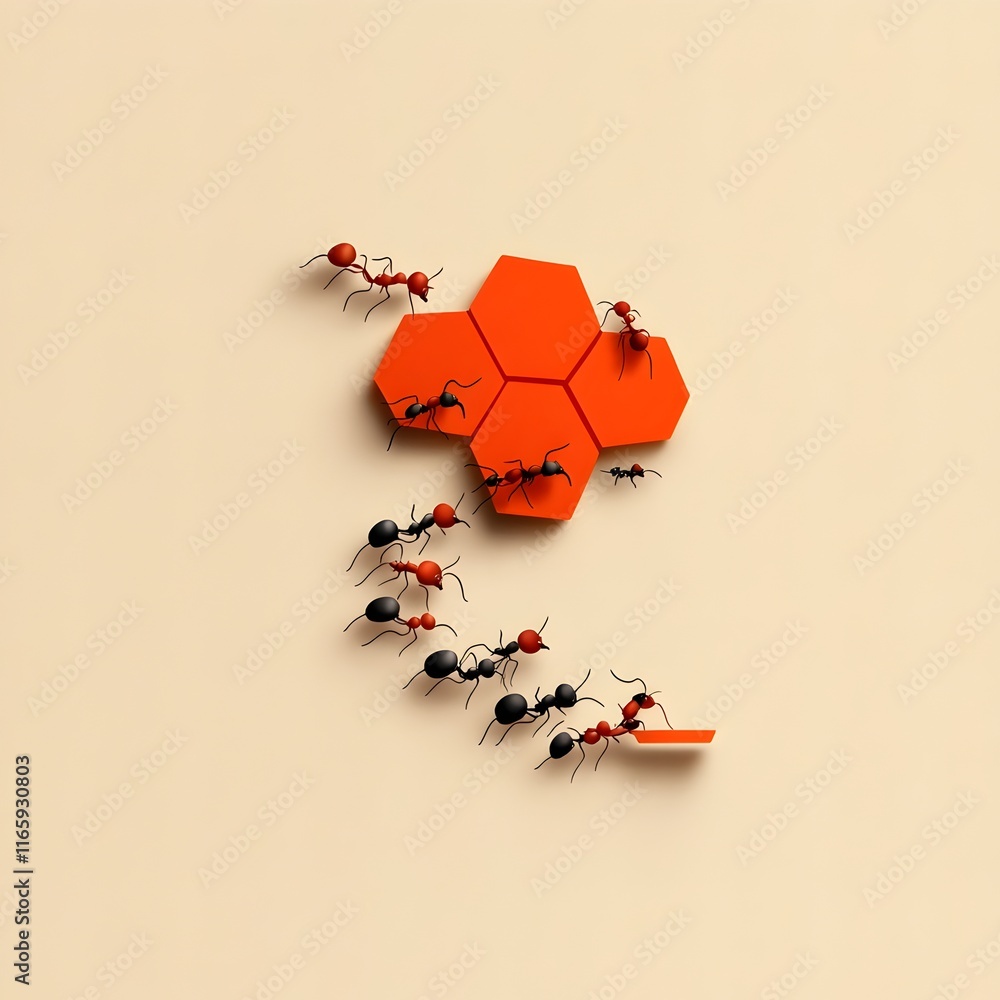 Poster tiny ants marching along a scent marked route showcasing collective intelligence and synchronization