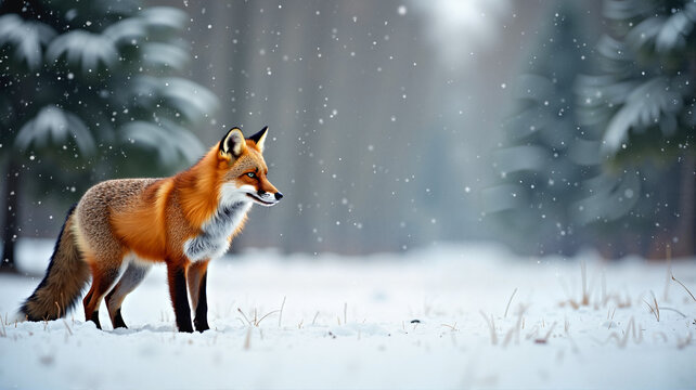 Red fox standing gracefully in snowy forest with gentle snowfall and serene atmosphere, World Wildlife Day