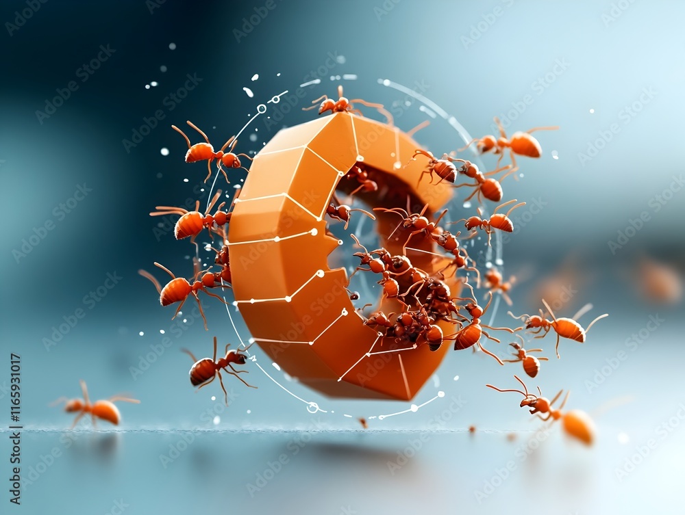 Poster industrious ants swarming in a geometric hive pattern showcasing their organized teamwork complex ph