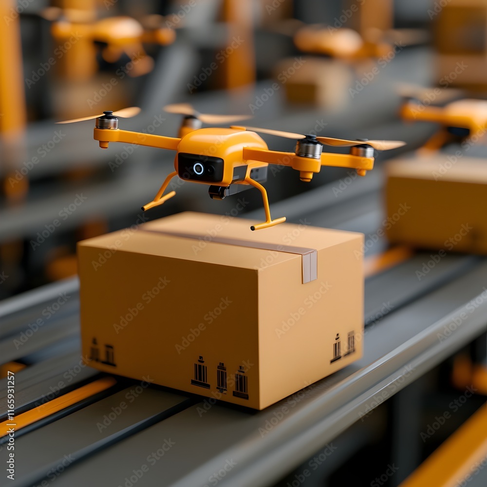 Poster aerial view of autonomous logistics control tower overseeing real time supply chain optimization dro