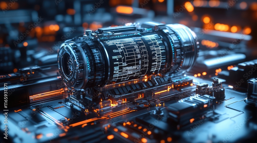 Poster engine control module displayed on a high-tech futuristic background