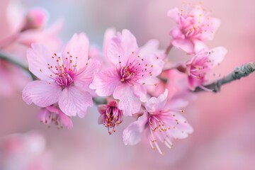 Fototapeta premium Cherry blossom branches burst with clusters of pink flowers, signaling the arrival of spring and creating a serene atmosphere filled with beauty.