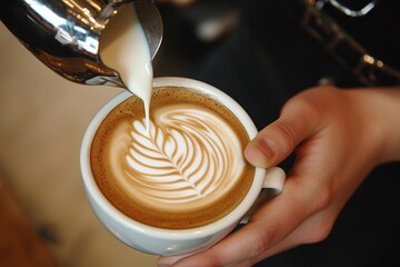 Barista Creating Latte Art with Milk in an American-Style Café