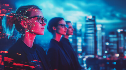 Abstract business team stands on the peak of success amid tall, innovative Smart city and graphs with statistics to analyze business potential and predict future developments in company growth.