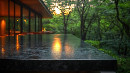 Dark countertop reflecting sunset, lush green forest backdrop.