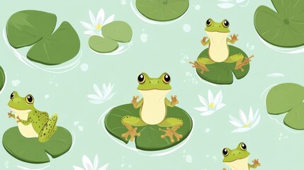 Fototapeta premium Cute green frogs meditating on lily pads in a pond.