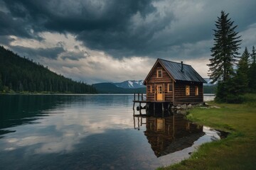 Obraz premium Small house by the lake