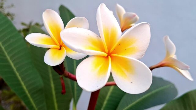 frangipani flower - Bright White Plumeria with Yellow Hearts Framed by Rich Green Leaves. A Serene Home Plant Display of Tropical Elegance