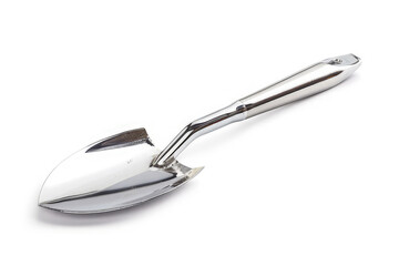 Fototapeta premium A shiny metal garden shovel designed for digging and planting. isolated on white background