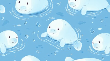 Cute manatee pattern.  Sea mammals swimming in blue water.  Cartoon style.