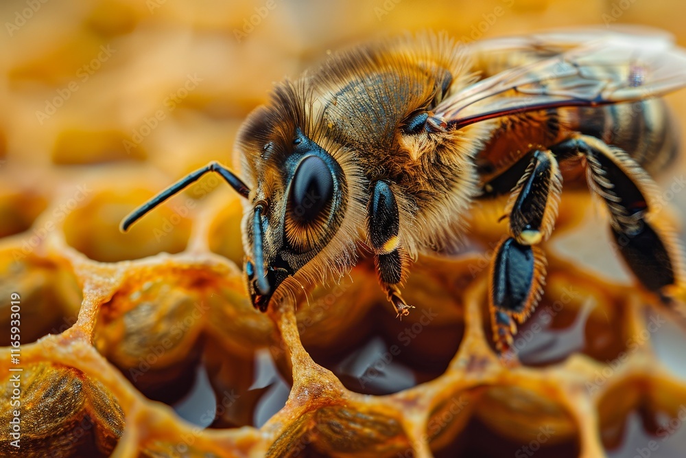 Poster a detail-rich view showcases a honeybee as it interacts with the hexagonal cells of honeycomb, empha