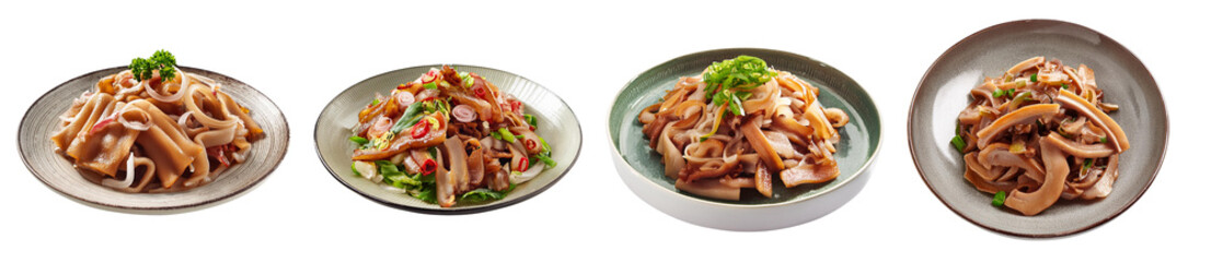 A selection of delicious noodle dishes served in elegant bowls, garnished with herbs.