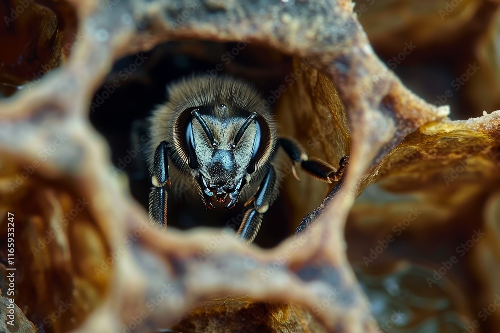 Poster a bee peeks out from a honeycomb structure, showcasing its distinct features and the complex design 