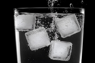 Ice cubes splashing into a glass of water.
