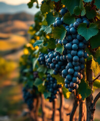 Fototapeta premium Lush vineyard bursting with ripe grapes at sunset in the countryside showcasing nature's bounty